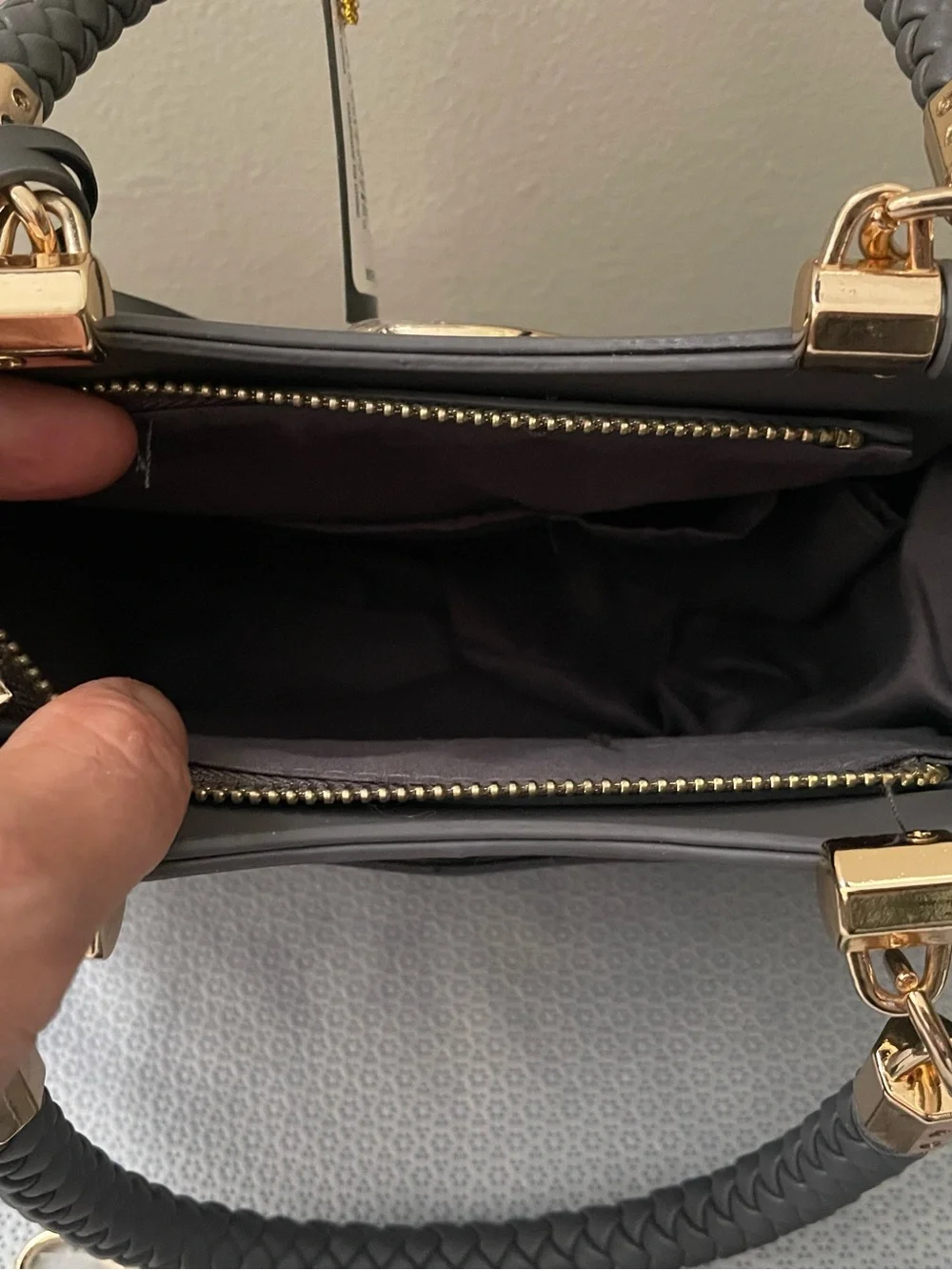 bebe Braided-Handle Gray Satchel with Gold Hardware cross body bag